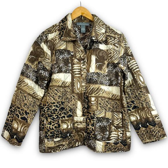 Jessica Holbrook 100% Silk Lightweight Quilted Jacket Brown Animal Print Small - Picture 1 of 5